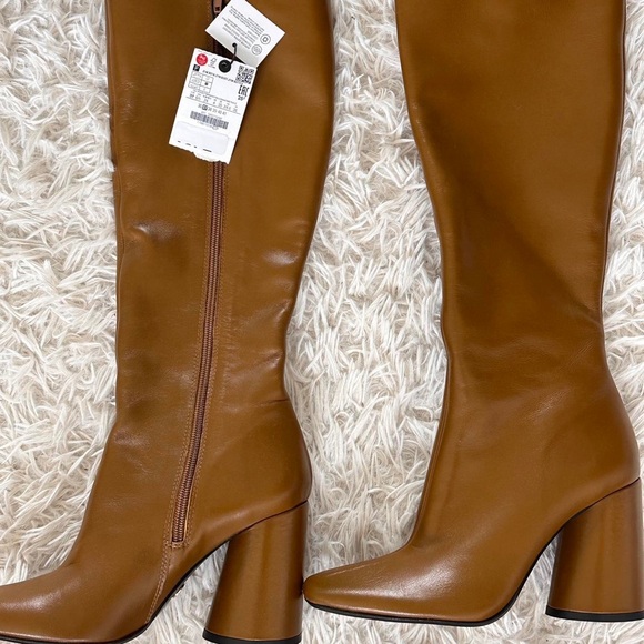 ZARA Brown Leather Knee High Boots w/ Block Heel, Size 8, NWT, Sold Out! - Picture 5 of 7